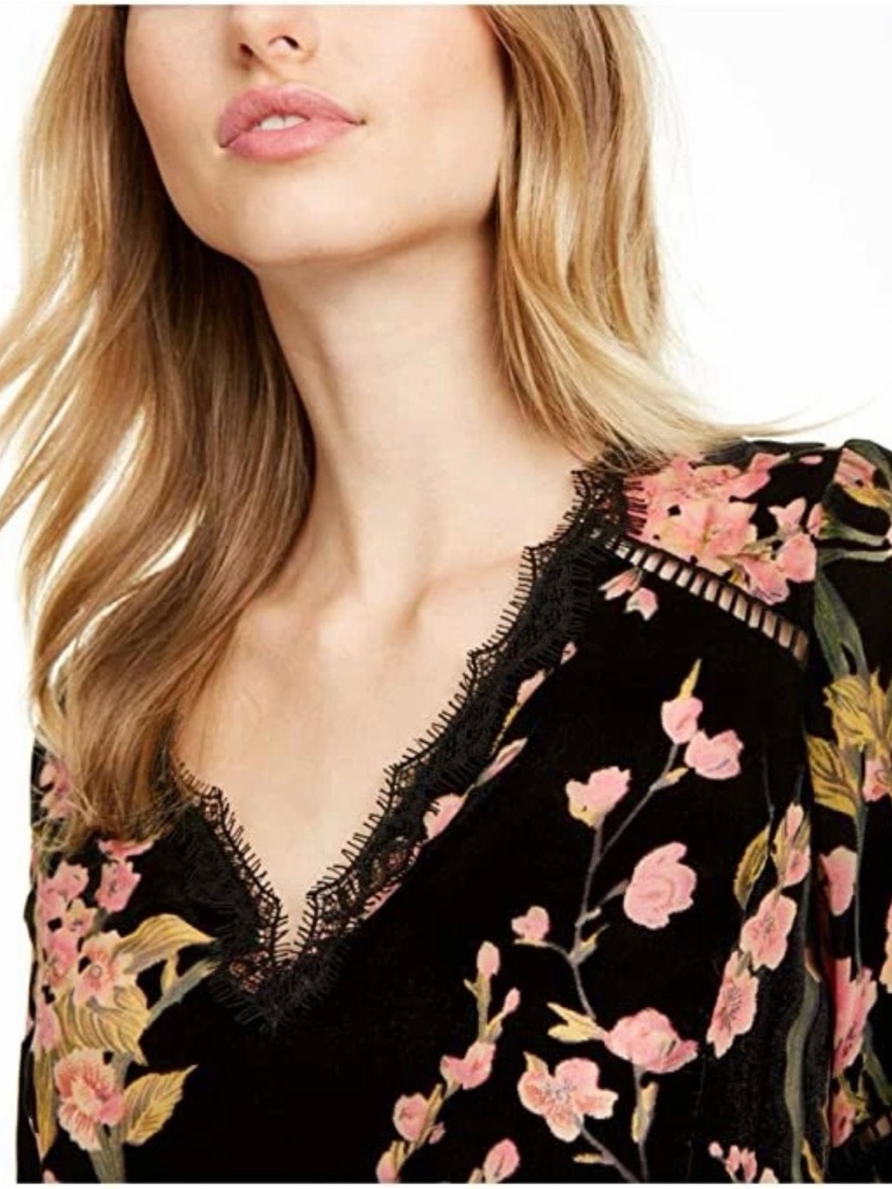Nanette Lepore Burnout Velvet Romantic Floral Pattern Long Sleeves V Neck Top S